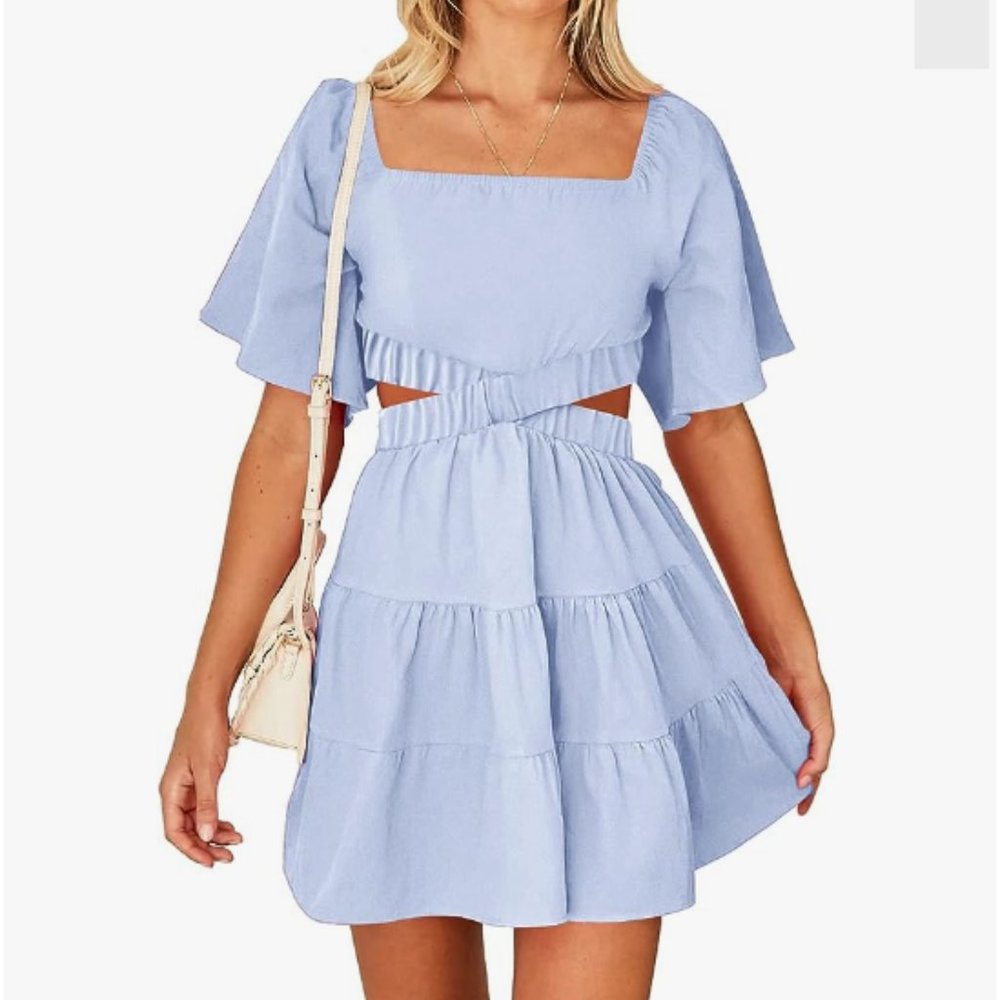 Women's Summer Dress | Square Neck Short Sleeve Cutout Crossover Waist | NWT